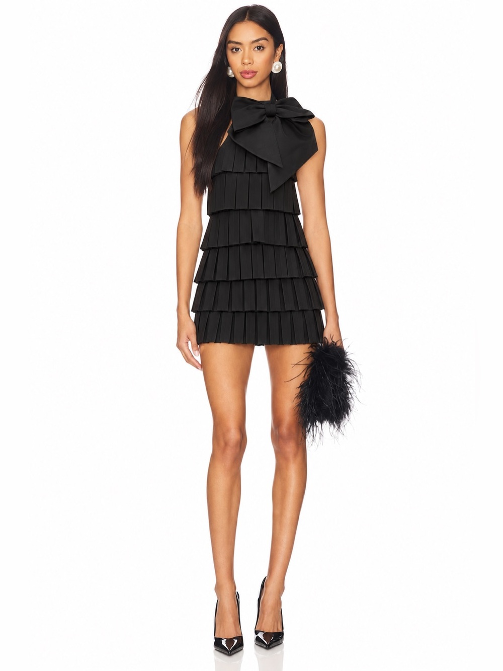 Balmain Black Oversized Bow Tiered Pleated Mini Dress